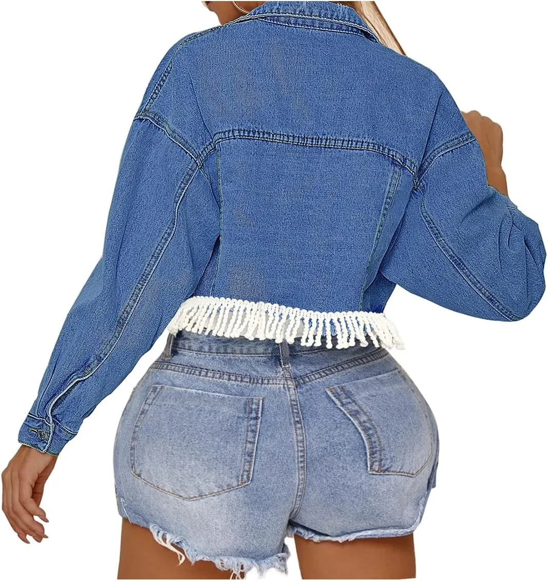 LifeShe Women's Tassel Cropped Denim Jean Jacket Coat With Frayed Hem