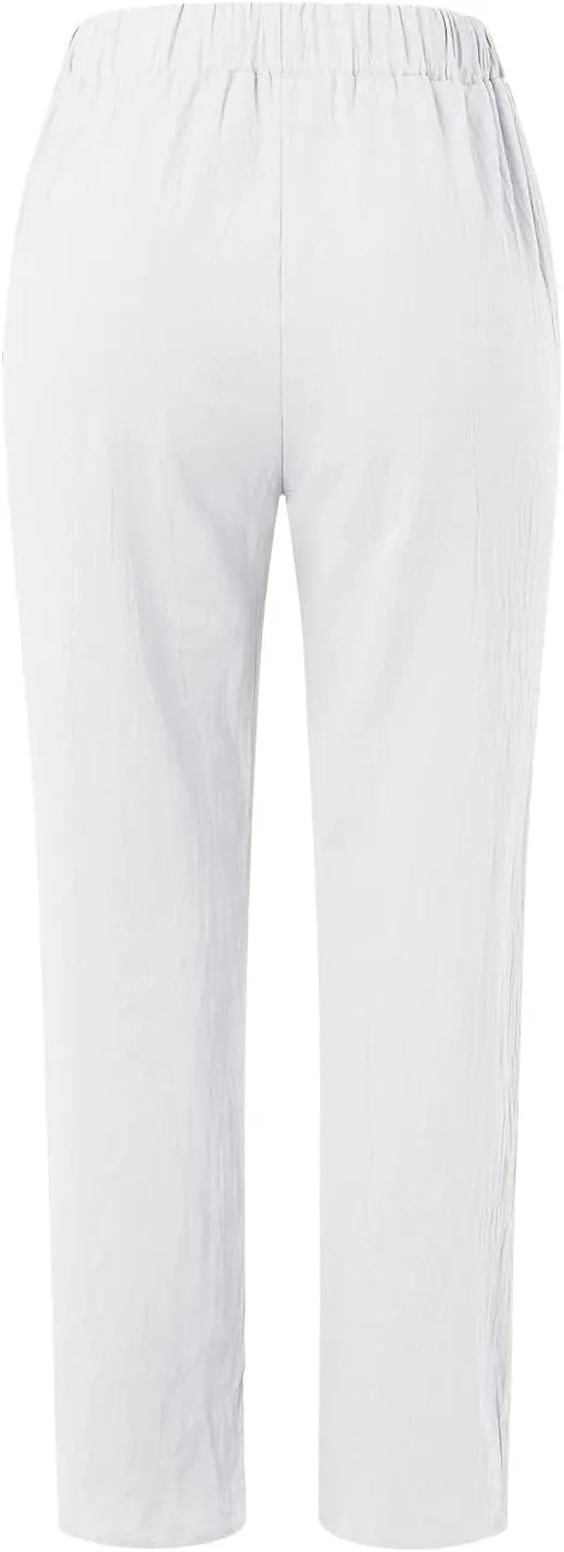Linen 2024 Summer Pants Women Elastic Waisted Casual Vintage Copped Pants Straight Leg Lightweight Beach Pants