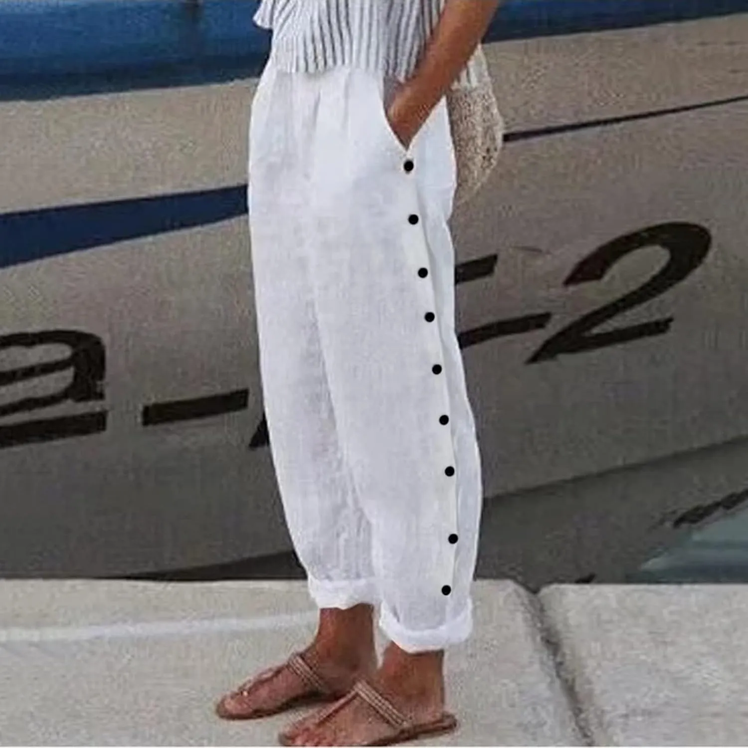 Linen 2024 Summer Pants Women Elastic Waisted Casual Vintage Copped Pants Straight Leg Lightweight Beach Pants