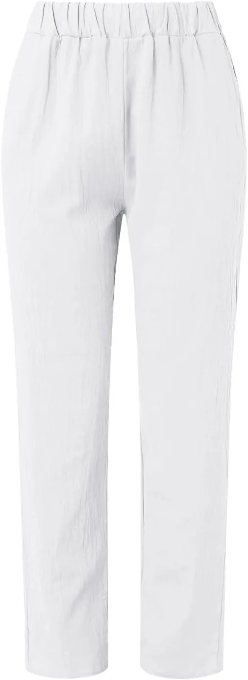 Linen 2024 Summer Pants Women Elastic Waisted Casual Vintage Copped Pants Straight Leg Lightweight Beach Pants
