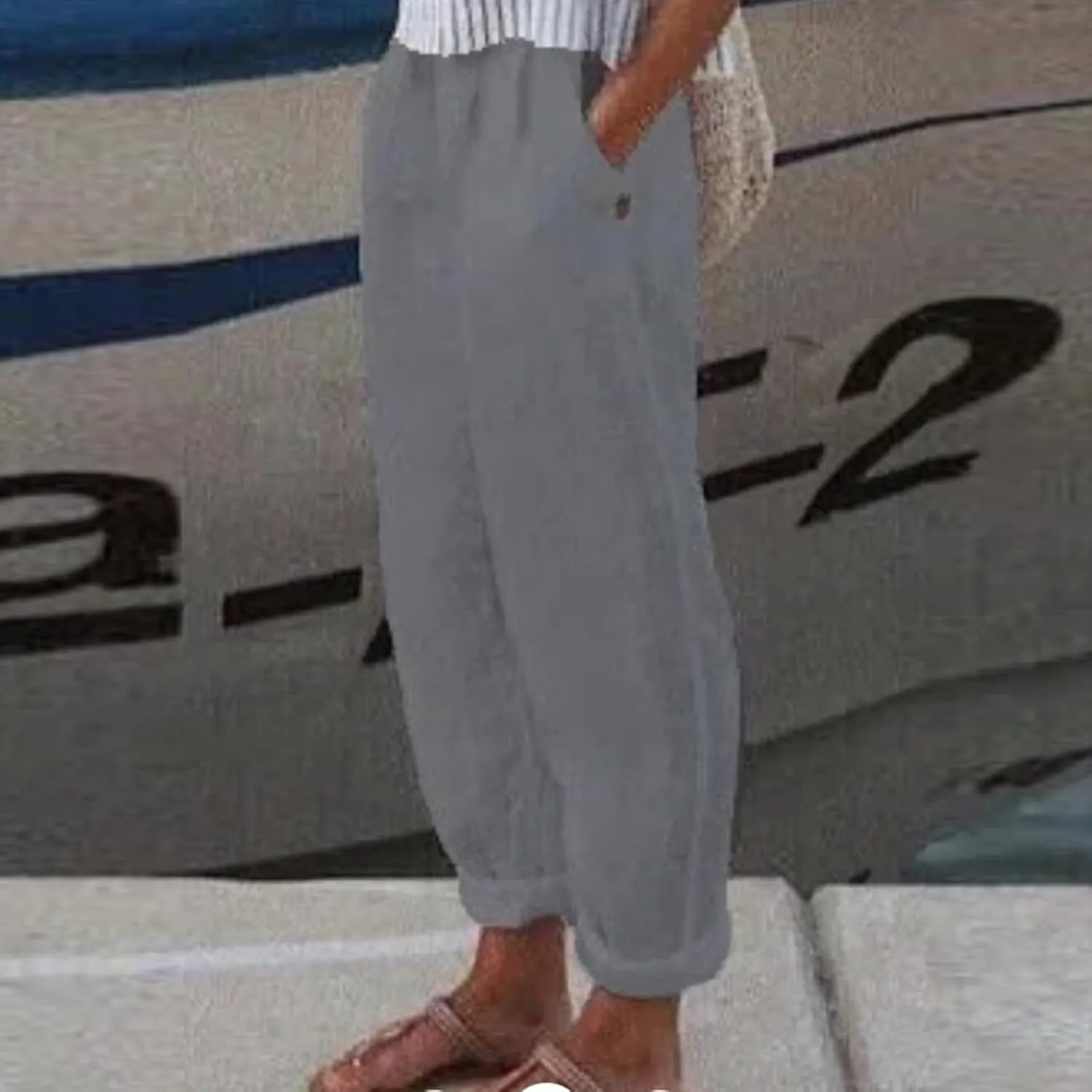 Linen Boho Harem Pants for Women Summer Wide Leg Loose Capris Pants Elastic Waist Trousers with Pocket