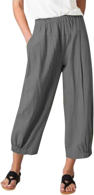 Linen Capri Pants for Women Drawstring Waisted Summer Casual Trousers Pants with Pockets Cropped Palazzo Lounge