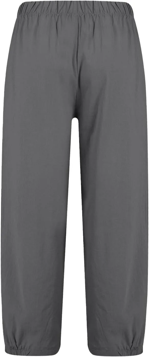 Linen Capri Pants for Women Drawstring Waisted Summer Casual Trousers Pants with Pockets Cropped Palazzo Lounge