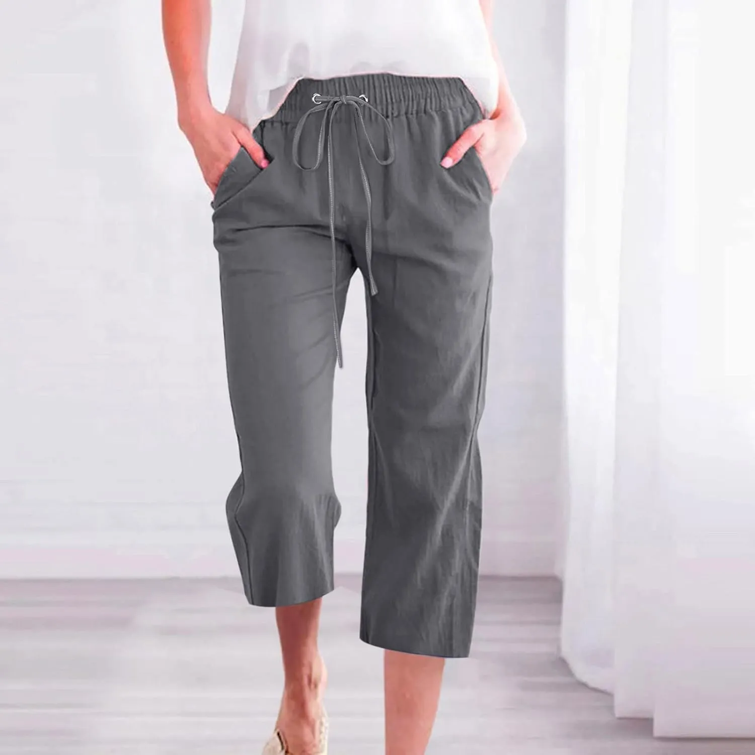 Linen Capri Pants for Women Summer Casual Wide Leg Beach Pants Elastic High Waist Drawstring Loose Cropped Trousers