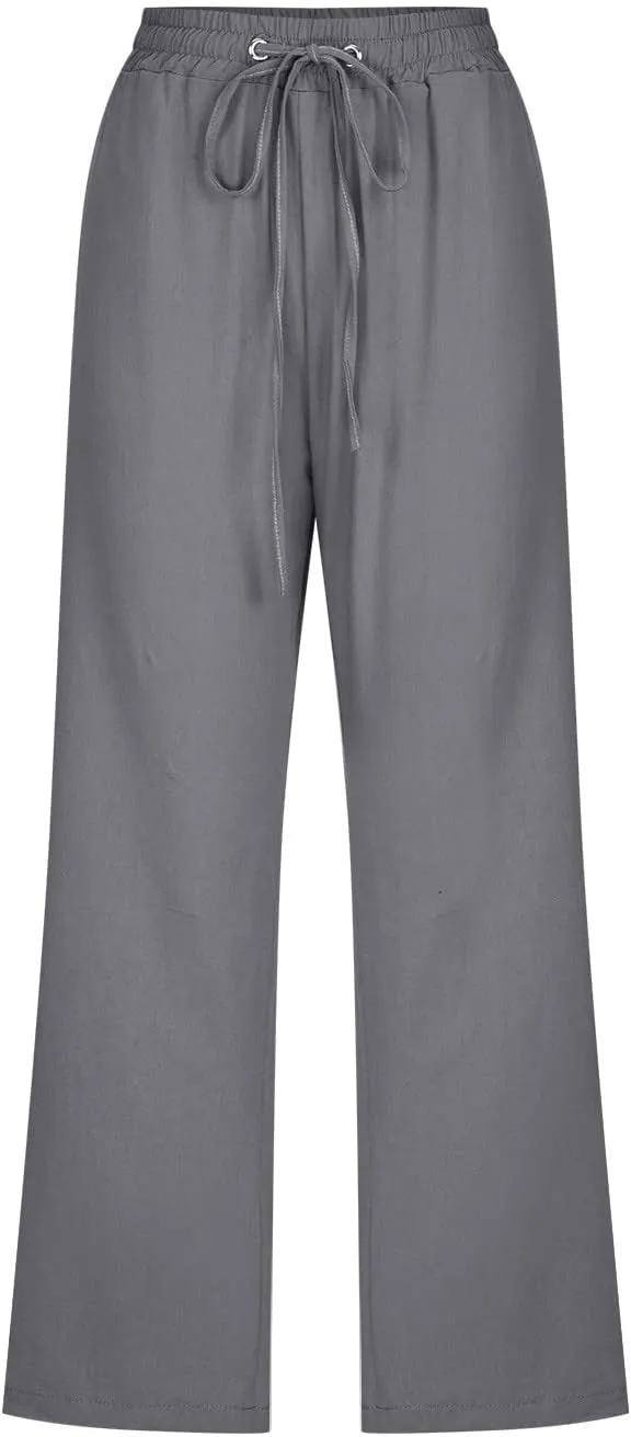 Linen Capri Pants for Women Summer Casual Wide Leg Beach Pants Elastic High Waist Drawstring Loose Cropped Trousers