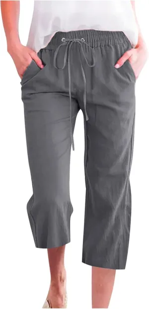 Linen Capri Pants for Women Summer Casual Wide Leg Beach Pants Elastic High Waist Drawstring Loose Cropped Trousers
