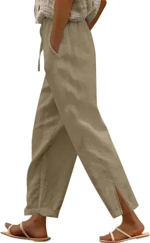 Linen Capri Pants Women Summer 2025 Pants Side Button Casual Cropped Linen Capris for Women Striped Spring