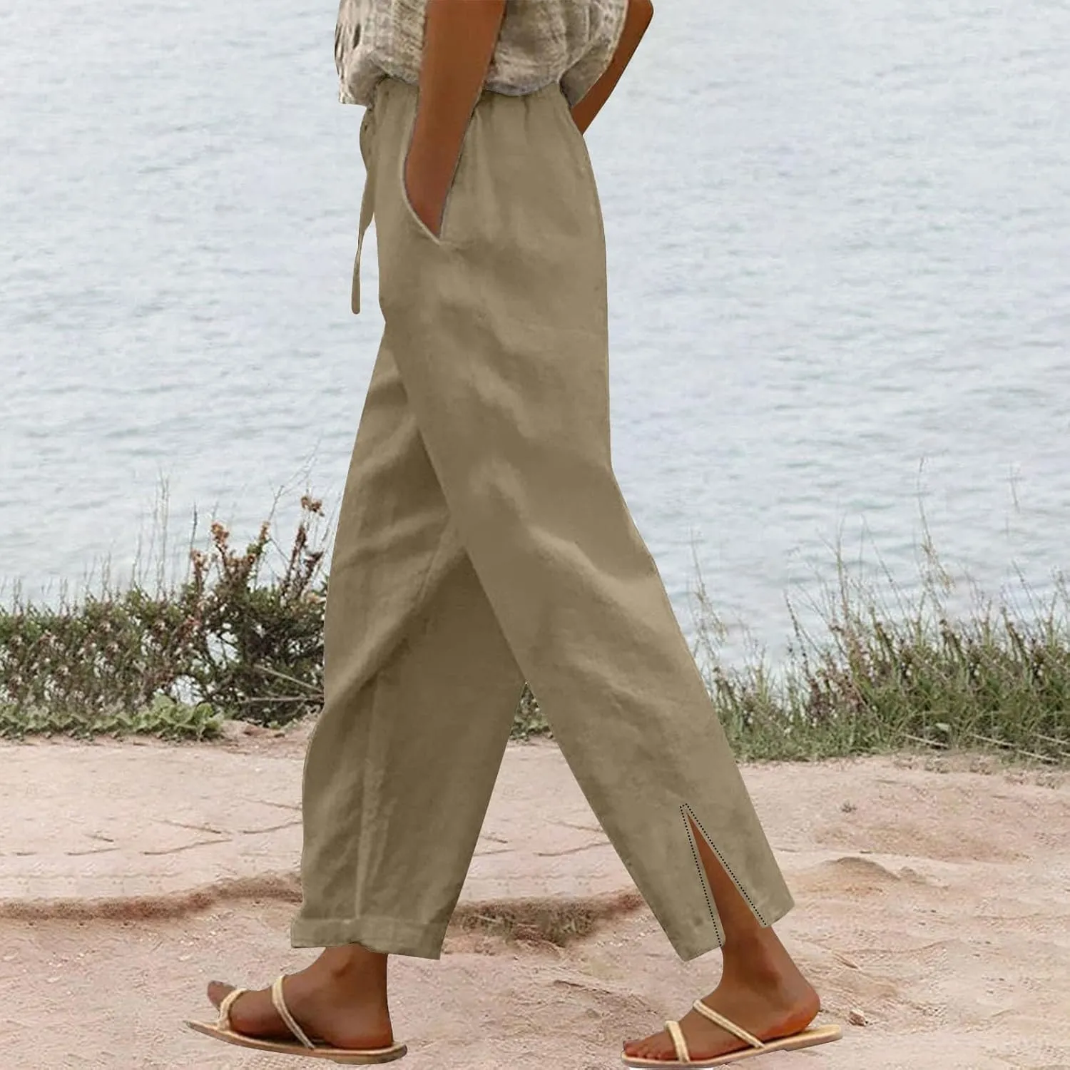 Linen Capri Pants Women Summer 2025 Pants Side Button Casual Cropped Linen Capris for Women Striped Spring