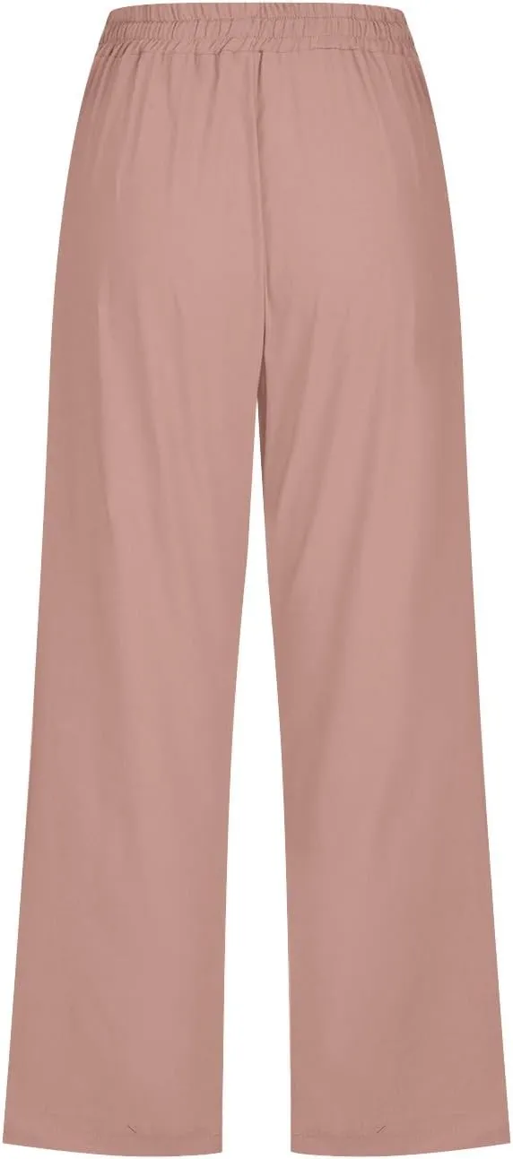Linen Capris for Women Casual Summer Beach High Waisted Straight Pants Comfy Trendy Cropped Trousers with Pockets