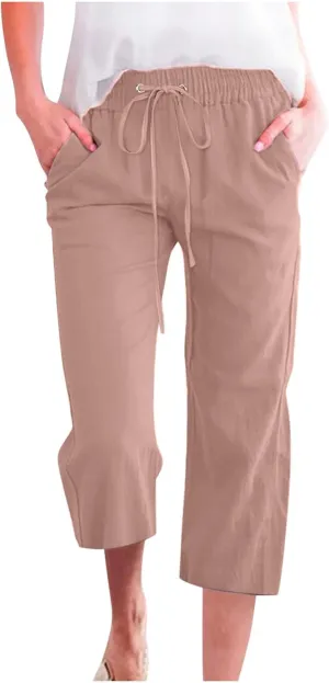 Linen Capris for Women Casual Summer Beach High Waisted Straight Pants Comfy Trendy Cropped Trousers with Pockets