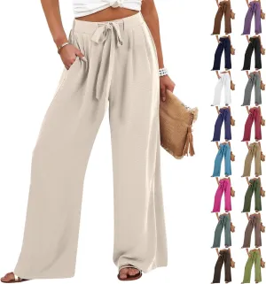 Linen Palazzo Pants for Women Dressey Casual 2025 Vacation Flowy Summer Beach Pants Trendy Tie Knot Wide Leg Trousers