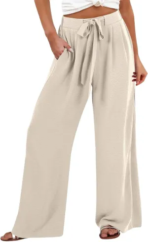 Linen Palazzo Pants for Women Flowy Wide Leg High Waist Drawstring Elastic Trousers with Pockets Lounge Baggy Pant