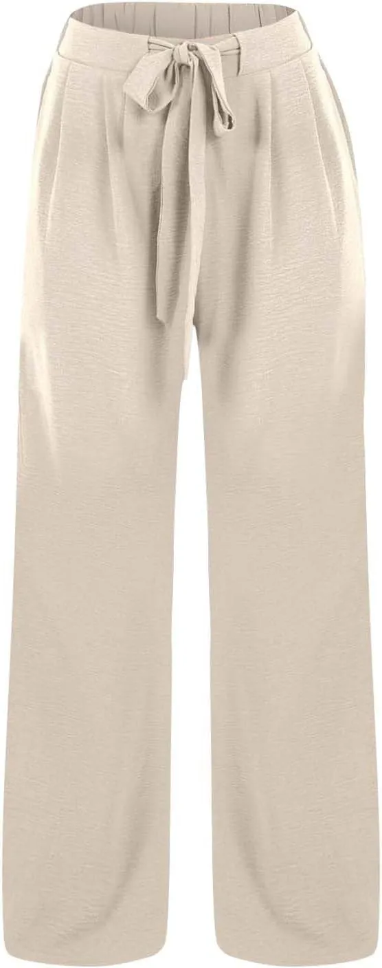 Linen Palazzo Pants for Women Flowy Wide Leg High Waist Drawstring Elastic Trousers with Pockets Lounge Baggy Pant