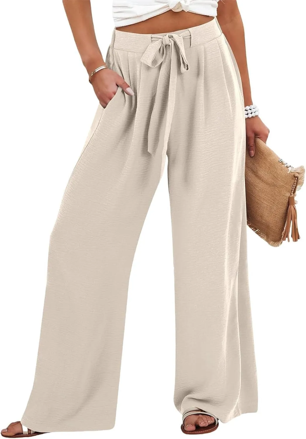 Linen Palazzo Pants for Women Flowy Wide Leg High Waist Drawstring Elastic Trousers with Pockets Lounge Baggy Pant