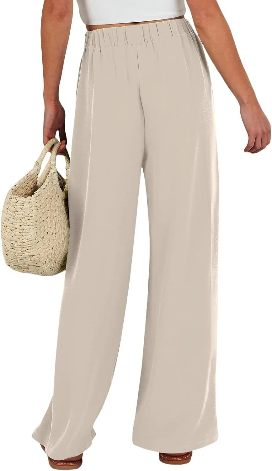Linen Palazzo Pants for Women Flowy Wide Leg High Waist Drawstring Elastic Trousers with Pockets Lounge Baggy Pant