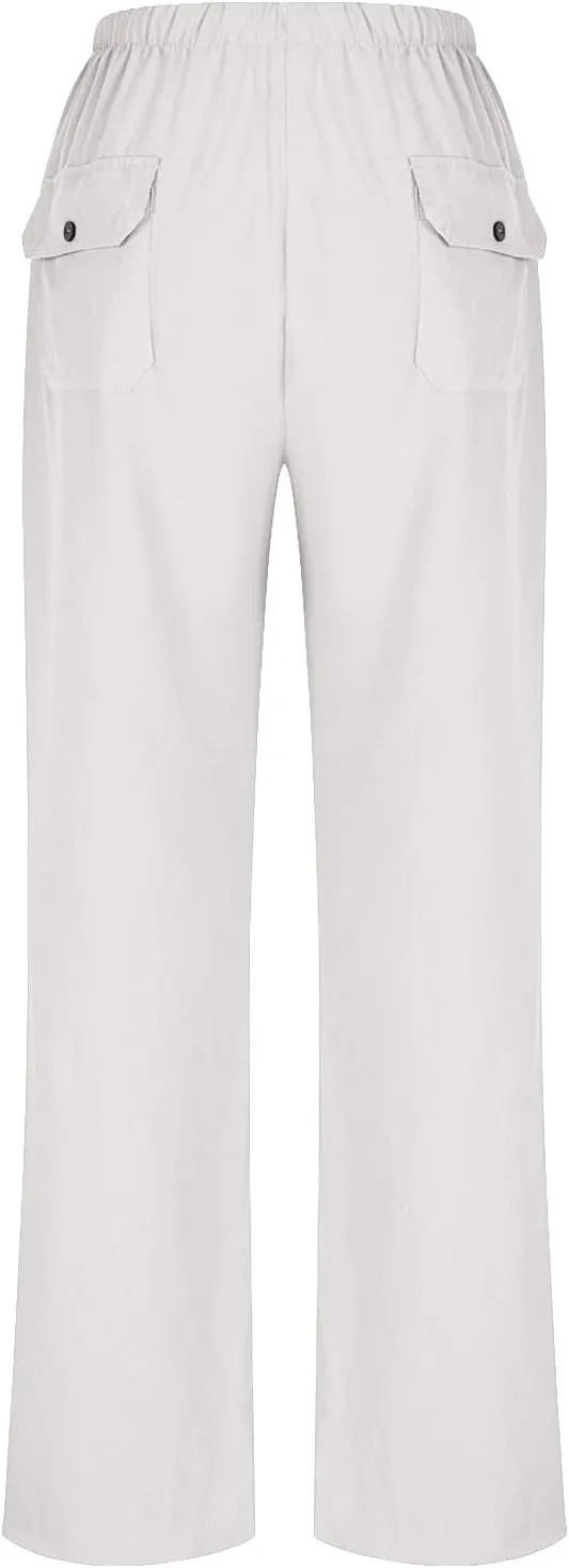 Linen Pants for Women 2025 High Waist Drawstring Wide Leg Trousers Summer Casual Flowy Beach Palazzo with Pockets