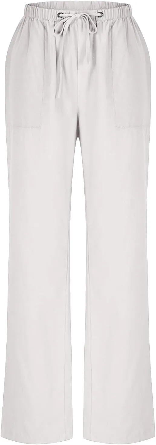 Linen Pants for Women 2025 High Waist Drawstring Wide Leg Trousers Summer Casual Flowy Beach Palazzo with Pockets