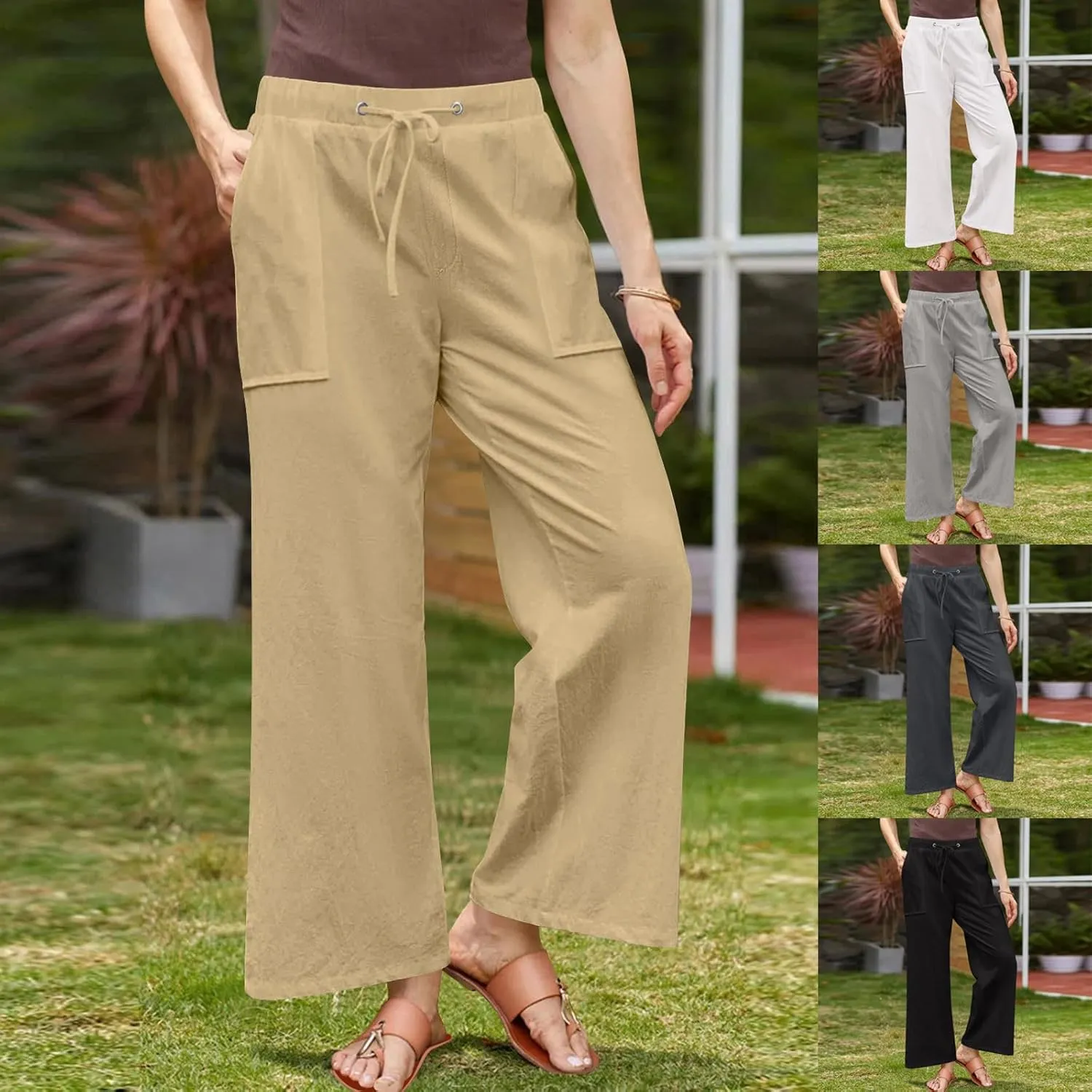 Linen Pants for Women 2025 High Waist Drawstring Wide Leg Trousers Summer Casual Flowy Beach Palazzo with Pockets