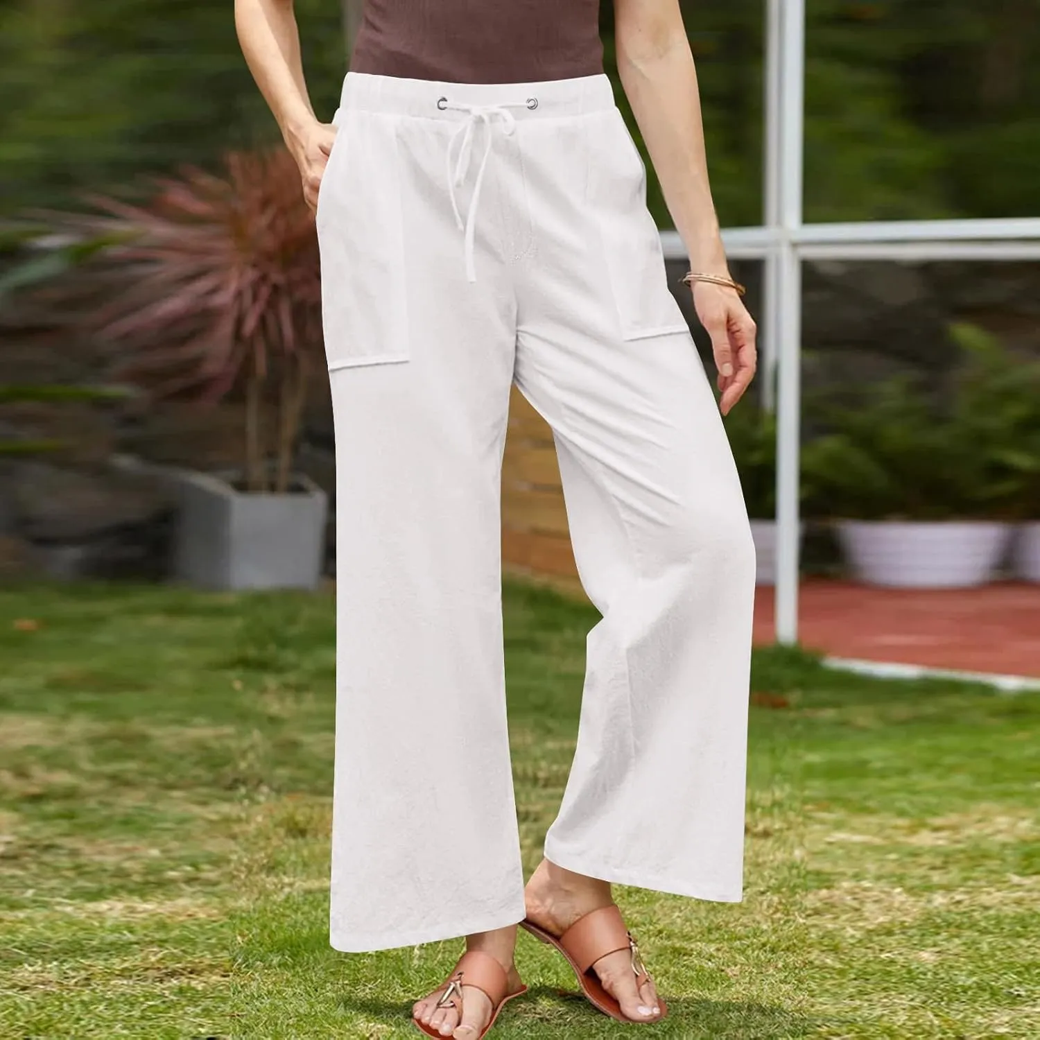 Linen Pants for Women 2025 High Waist Drawstring Wide Leg Trousers Summer Casual Flowy Beach Palazzo with Pockets