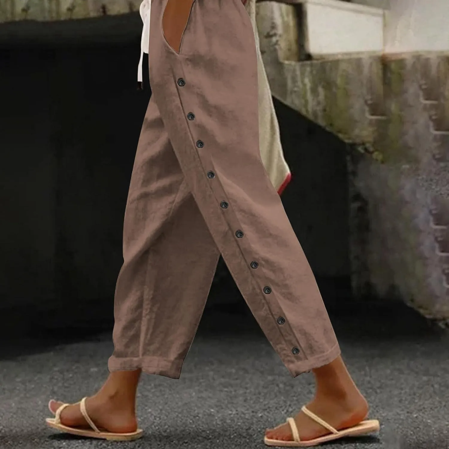 Linen Pants for Women Side Button Summer Trendy Elastic Waist Straight Leg Loose Casual Cropped Trousers with Pockets