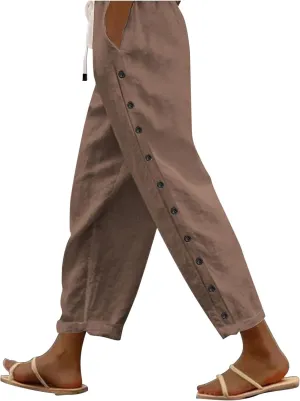 Linen Pants for Women Side Button Summer Trendy Elastic Waist Straight Leg Loose Casual Cropped Trousers with Pockets