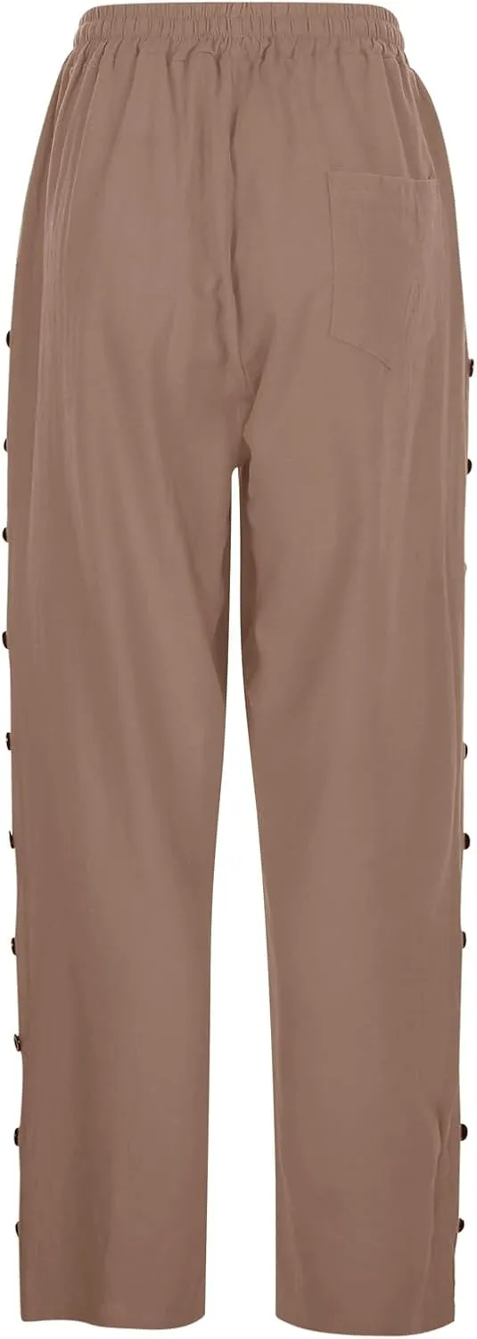 Linen Pants for Women Side Button Summer Trendy Elastic Waist Straight Leg Loose Casual Cropped Trousers with Pockets