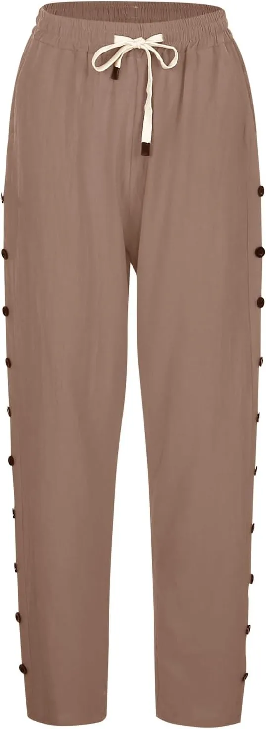 Linen Pants for Women Side Button Summer Trendy Elastic Waist Straight Leg Loose Casual Cropped Trousers with Pockets
