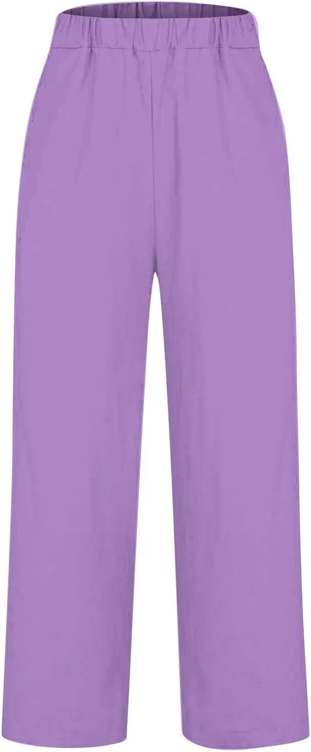 Linen Pants for Women Wide Leg Elastic High Waisted Palazzo Pants 2025 Summer Boho Floral Lightweight Beach Trousers