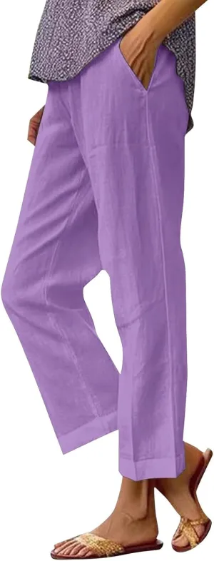 Linen Pants for Women Wide Leg Elastic High Waisted Palazzo Pants 2025 Summer Boho Floral Lightweight Beach Trousers