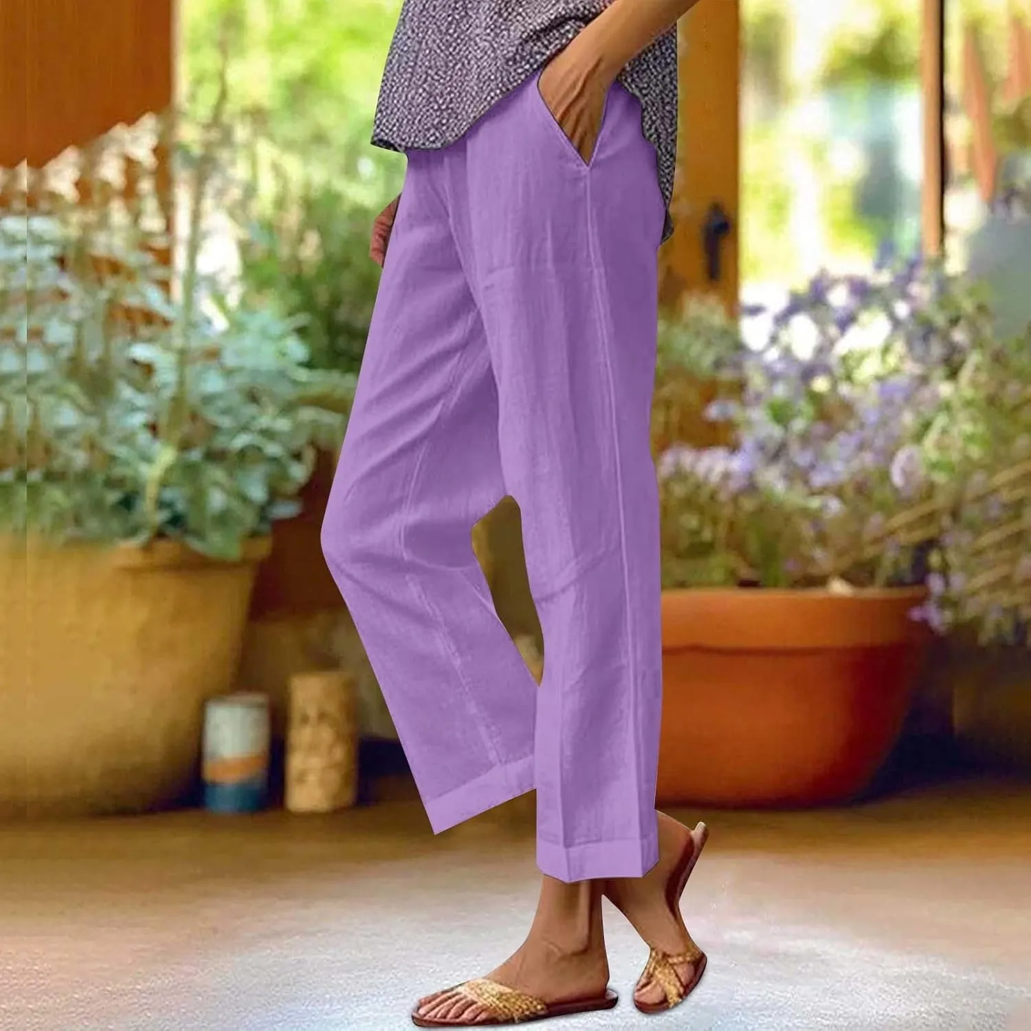 Linen Pants for Women Wide Leg Elastic High Waisted Palazzo Pants 2025 Summer Boho Floral Lightweight Beach Trousers