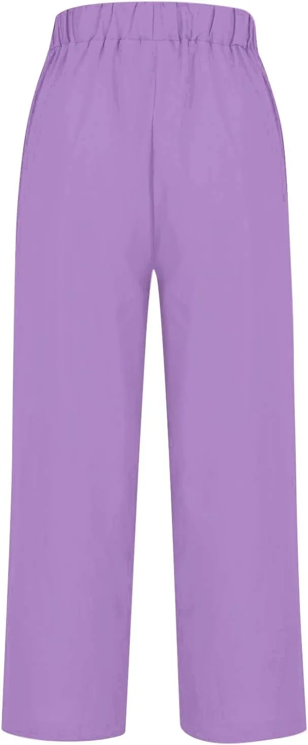 Linen Pants for Women Wide Leg Elastic High Waisted Palazzo Pants 2025 Summer Boho Floral Lightweight Beach Trousers