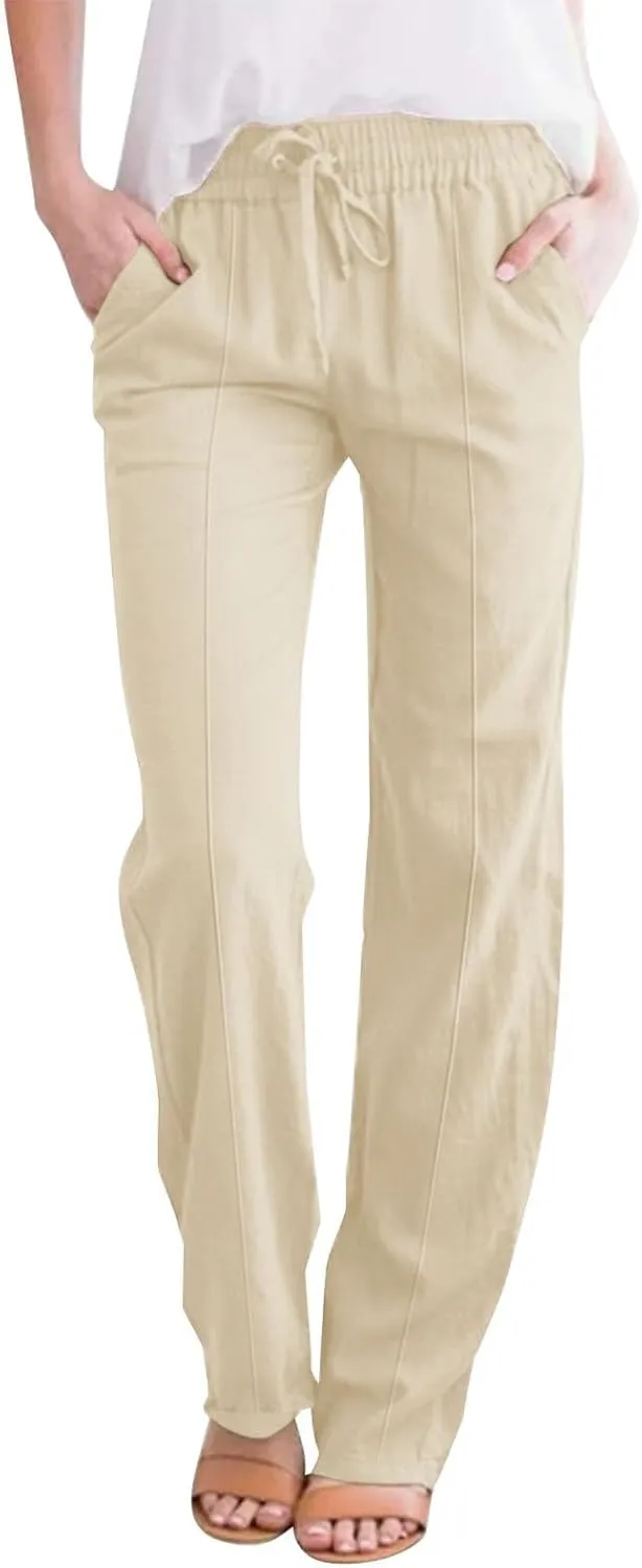 Linen Pants Women Casual Summer Beach Loose Elastic High Waisted Drawstring Lounge Straight Leg Pants with Pockets