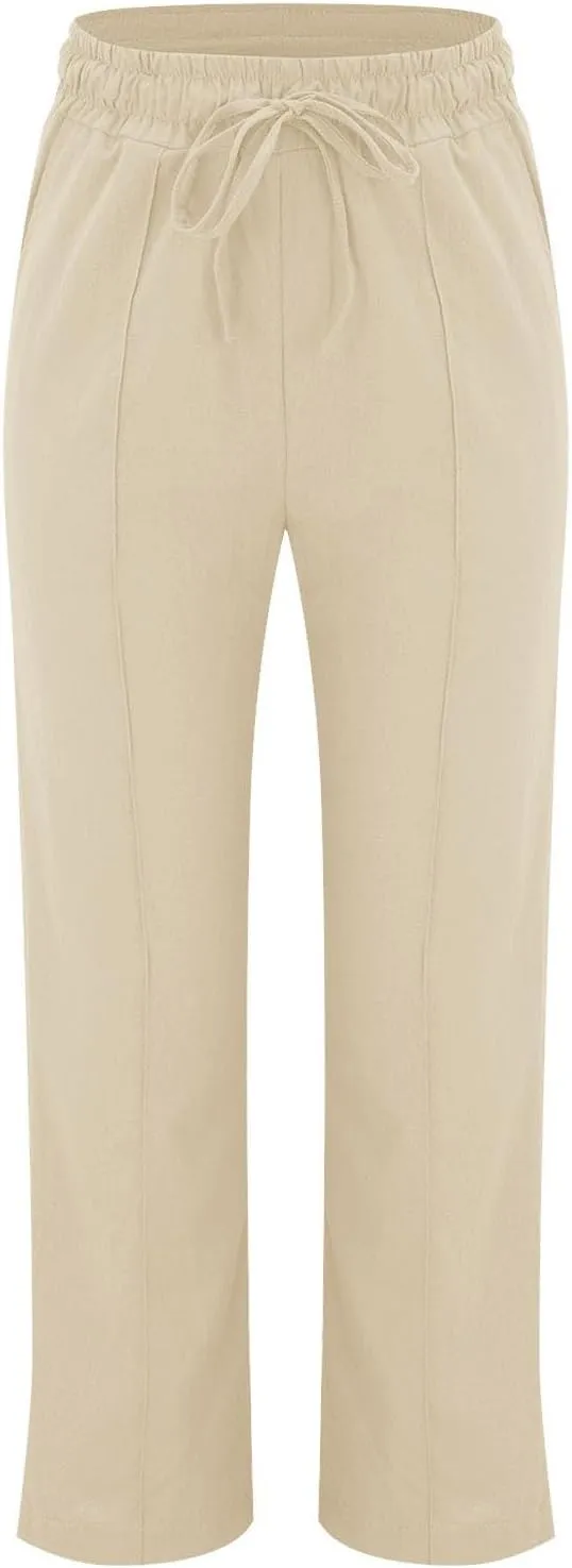 Linen Pants Women Casual Summer Beach Loose Elastic High Waisted Drawstring Lounge Straight Leg Pants with Pockets