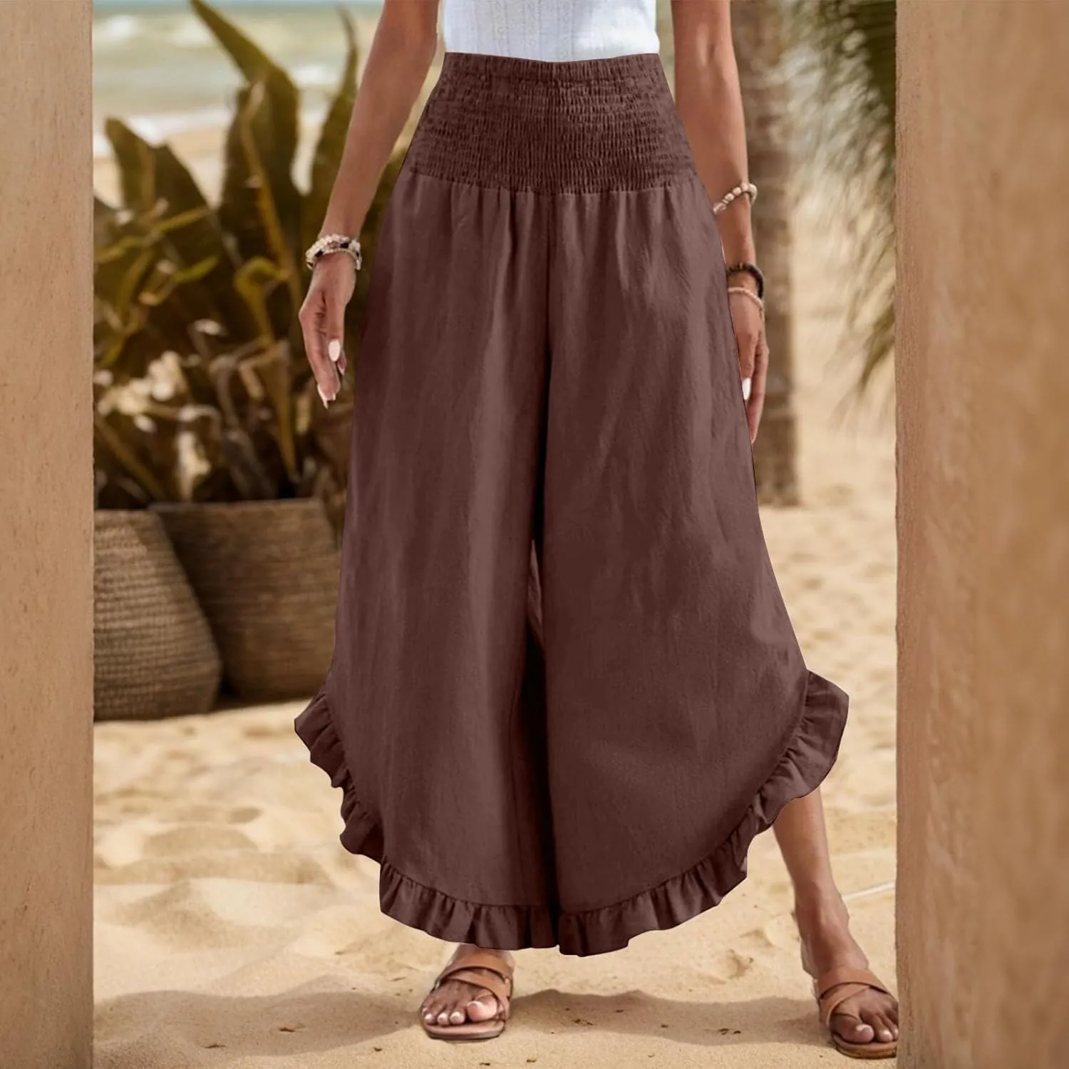 Linen Pants Women Summer Wide Leg Smocked Waist Ruffle Hem Palazzo Pants Boho Flowy Beach Vacation Pant with Pockets