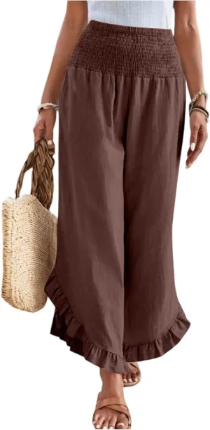 Linen Pants Women Summer Wide Leg Smocked Waist Ruffle Hem Palazzo Pants Boho Flowy Beach Vacation Pant with Pockets