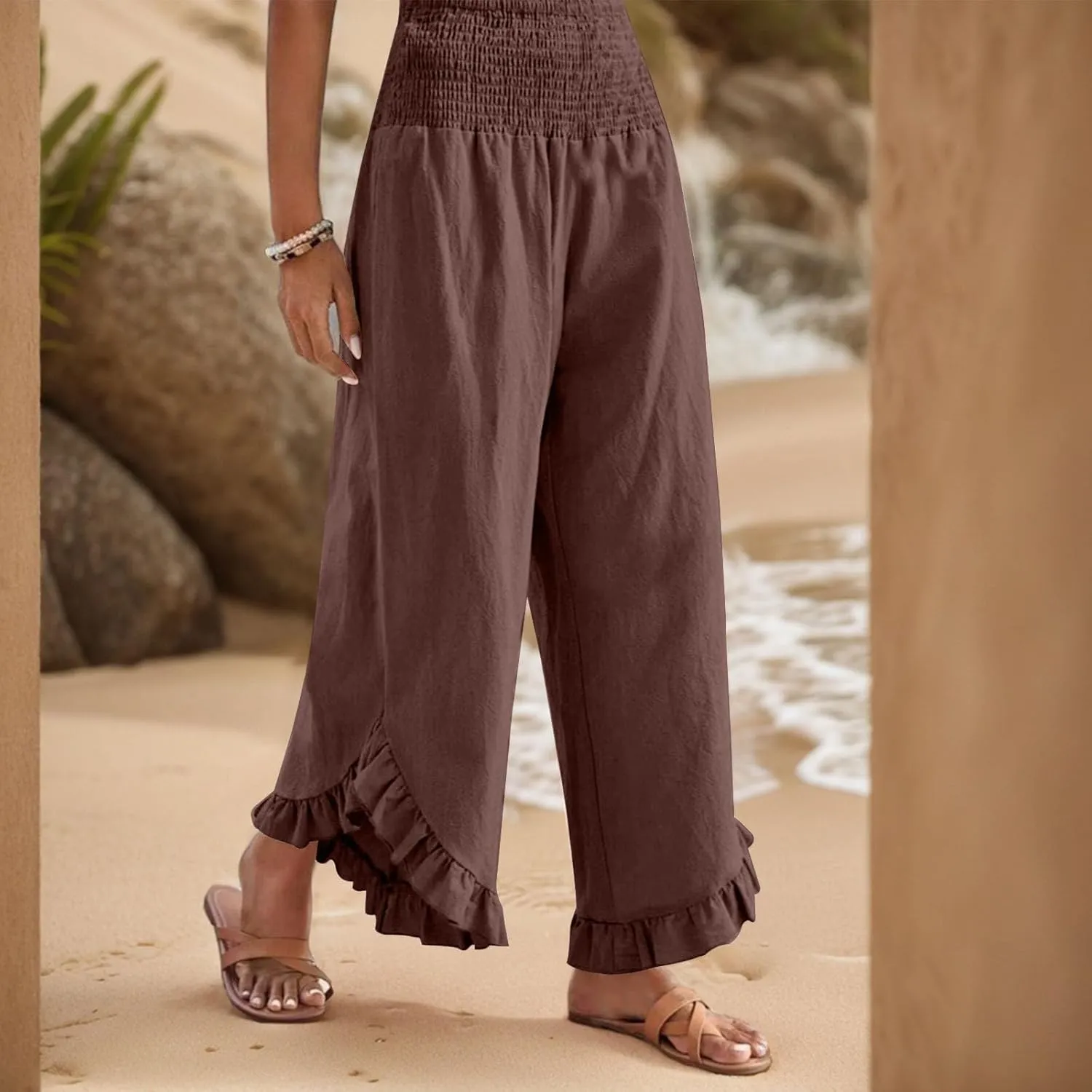 Linen Pants Women Summer Wide Leg Smocked Waist Ruffle Hem Palazzo Pants Boho Flowy Beach Vacation Pant with Pockets