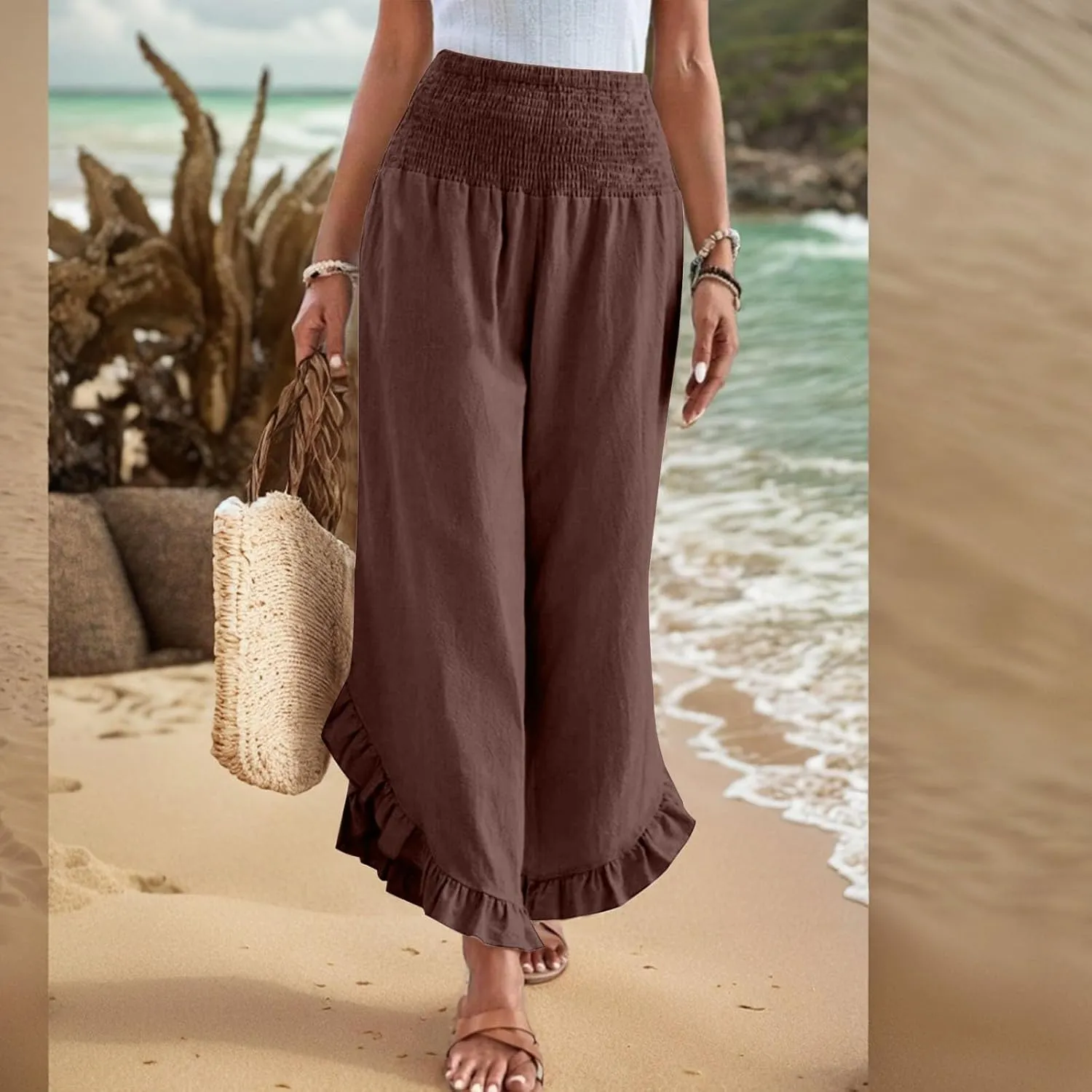 Linen Pants Women Summer Wide Leg Smocked Waist Ruffle Hem Palazzo Pants Boho Flowy Beach Vacation Pant with Pockets