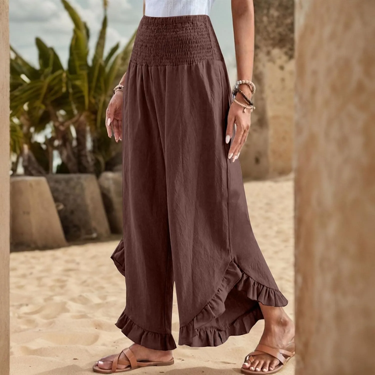 Linen Pants Women Summer Wide Leg Smocked Waist Ruffle Hem Palazzo Pants Boho Flowy Beach Vacation Pant with Pockets