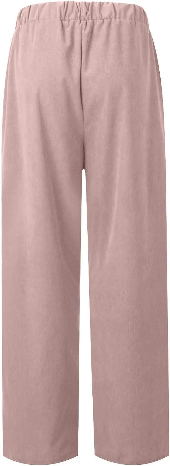 LOAIHA Corduroy Pants for Women Casual Drawstring Elastic High Waist Straight Leg Pants Trousers with Pockets