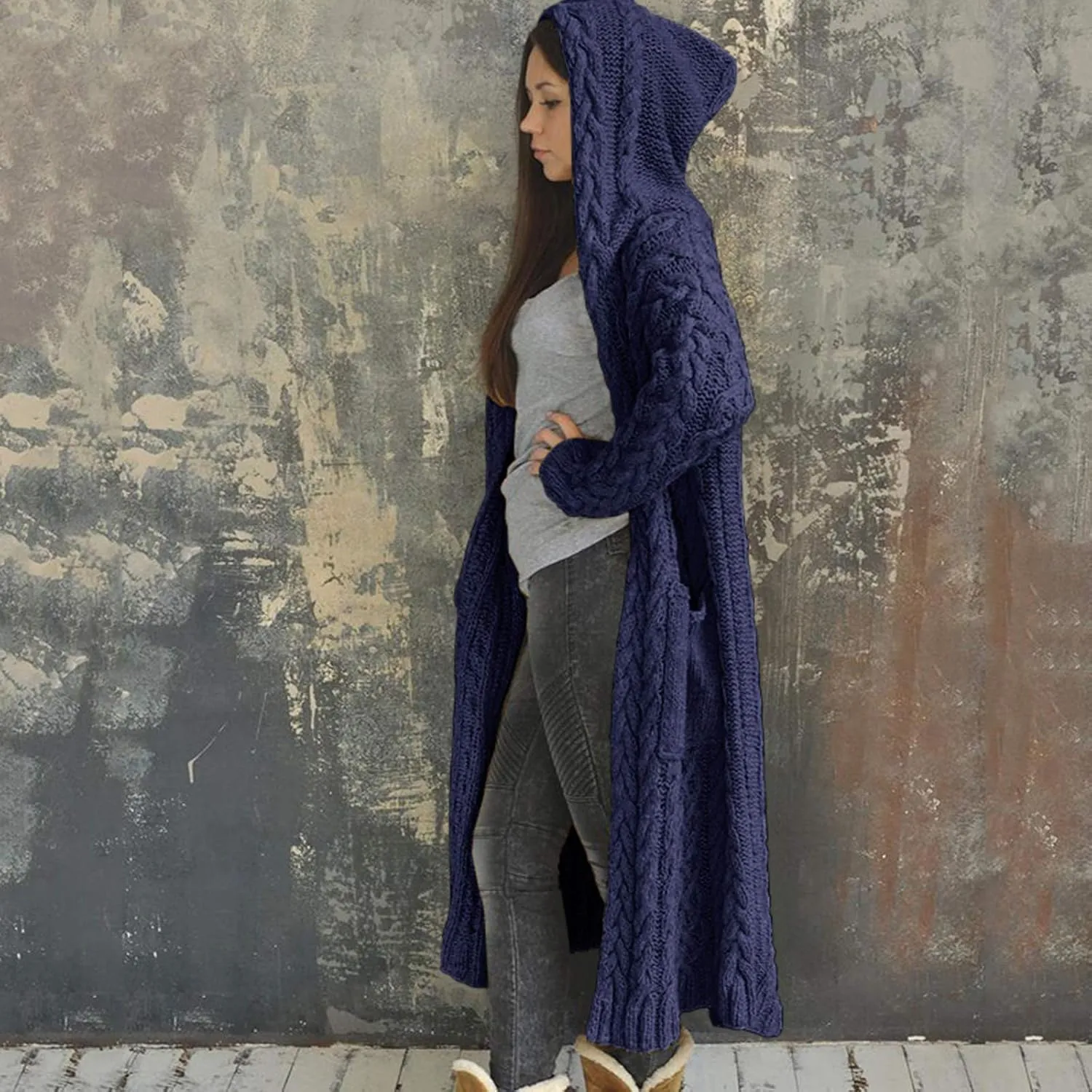 Long Cardigans for Women Hooded Chunky Oversized Sweater Robe Winter Warm Trendy Cable Knit Duster Cardigans Coat