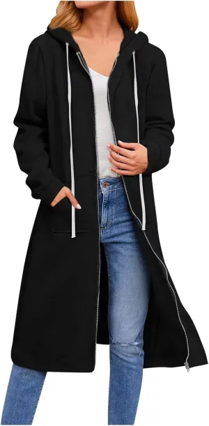 Long Jackets For Women Zip Up Hoodies Long Sleeve Fall Hooded Sweatshirt Coat Fashion Oversized Jacket With Pockets