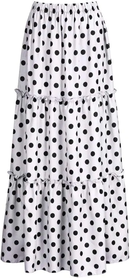 Long Maxi Shirt Women Fashion High Waist Polka Dot Printed Skirt Loose Ruffled Pleated Skirt