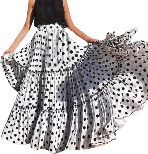 Long Maxi Shirt Women Fashion High Waist Polka Dot Printed Skirt Loose Ruffled Pleated Skirt