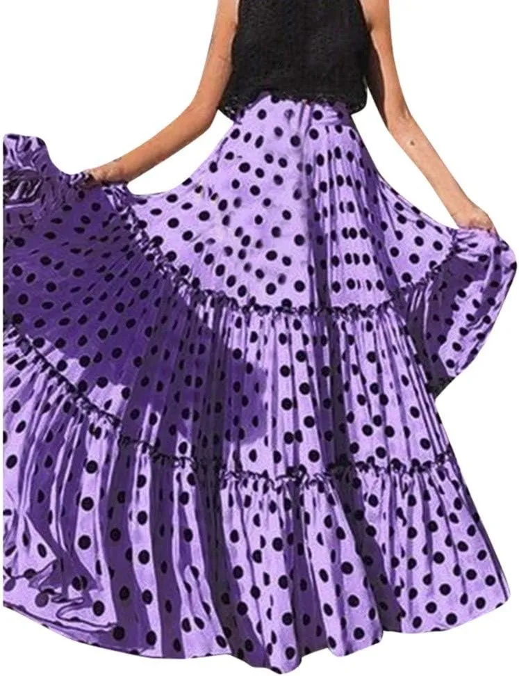 Long Maxi Shirt Women Fashion High Waist Polka Dot Printed Skirt Loose Ruffled Pleated Skirt