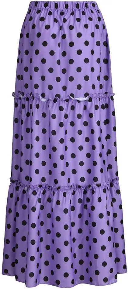 Long Maxi Shirt Women Fashion High Waist Polka Dot Printed Skirt Loose Ruffled Pleated Skirt
