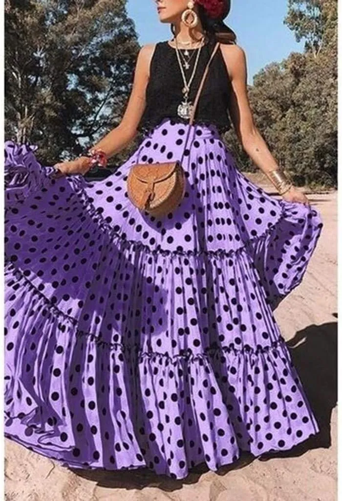 Long Maxi Shirt Women Fashion High Waist Polka Dot Printed Skirt Loose Ruffled Pleated Skirt