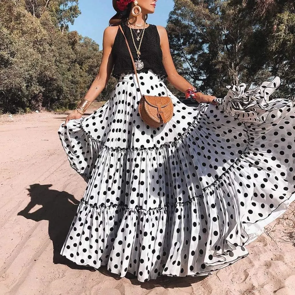 Long Maxi Shirt Women Fashion High Waist Polka Dot Printed Skirt Loose Ruffled Pleated Skirt