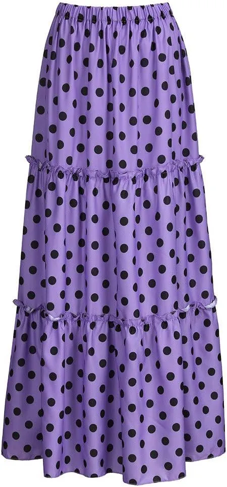 Long Maxi Shirt Women Fashion High Waist Polka Dot Printed Skirt Loose Ruffled Pleated Skirt