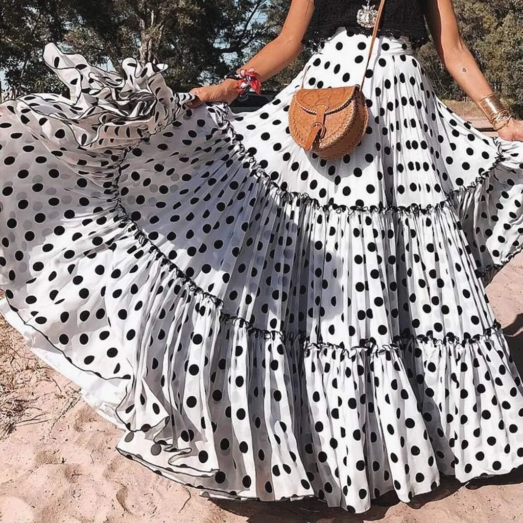 Long Maxi Shirt Women Fashion High Waist Polka Dot Printed Skirt Loose Ruffled Pleated Skirt