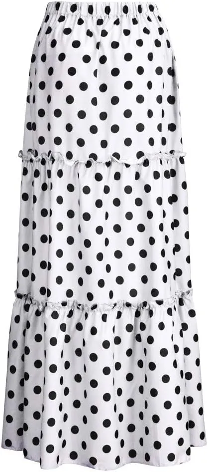 Long Maxi Shirt Women Fashion High Waist Polka Dot Printed Skirt Loose Ruffled Pleated Skirt